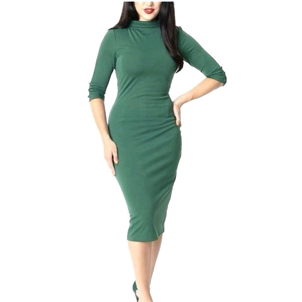 Unique Vintage Retro Green Sheath Dress 3/4 Sleeve Pencil Midi K775 Size L 10-12